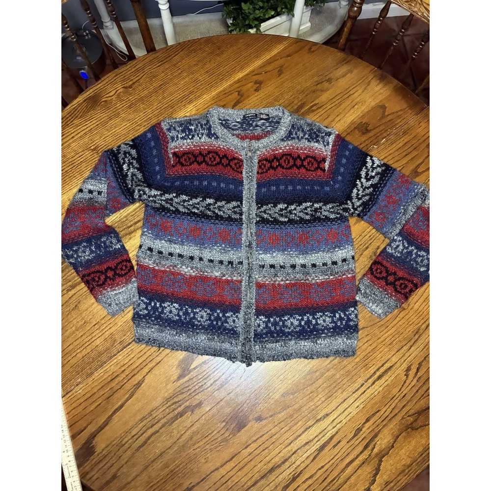 Iangenis Fair Isle Knit Cardigan Sweater Full Zip Gray Red Blue‎ Black M Women's